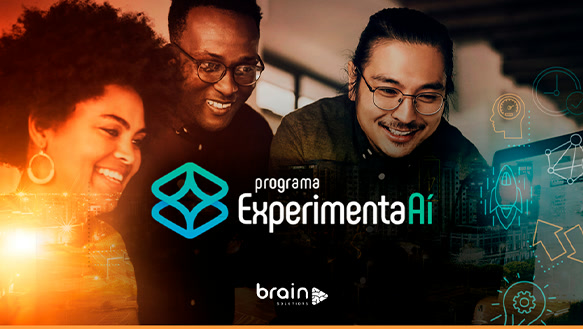 Capa do Programa ExperimentaAí da Brain com três pessoas olhando uma tela