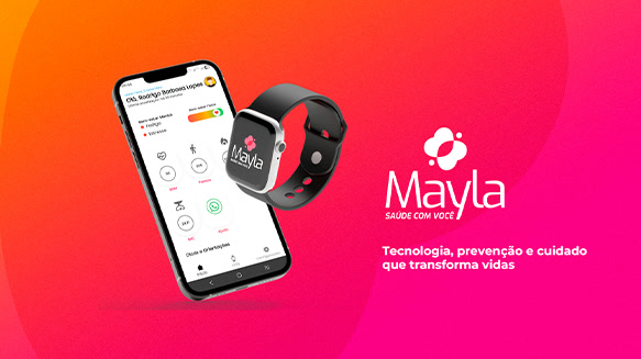 Slide da Mayla em rosa e laranja com celular e relógio mostrando o app
