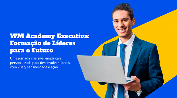 Capa da WM Academy Executiva em azul e amarelo com executivo segurando notebook