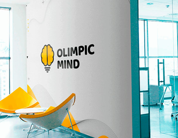 Logotipo da Olimpic Mind aplicado em parede de escritório