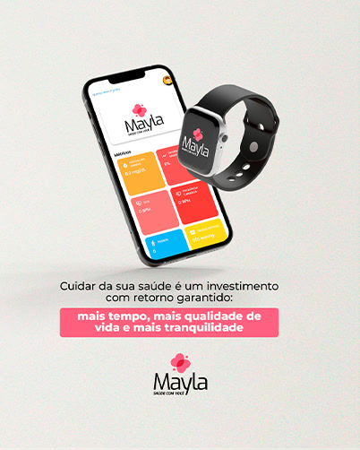 Post da Mayla com celular e relógio mostrando o app de saúde