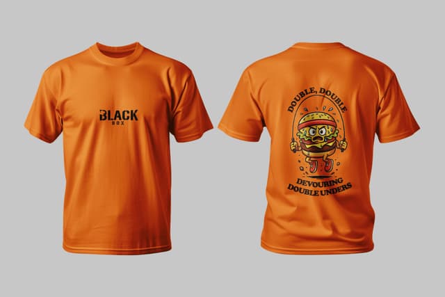 Camiseta laranja da Black Box: frente com a marca e costas com um hambúrguer pulando corda e a frase Double, Double, Devouring Double Unders