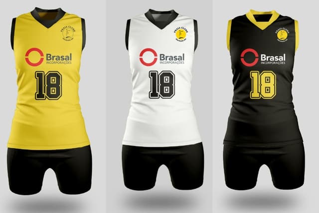 Uniforme de vôlei amarelo com gola preta, patrocínio no peito e o número 18