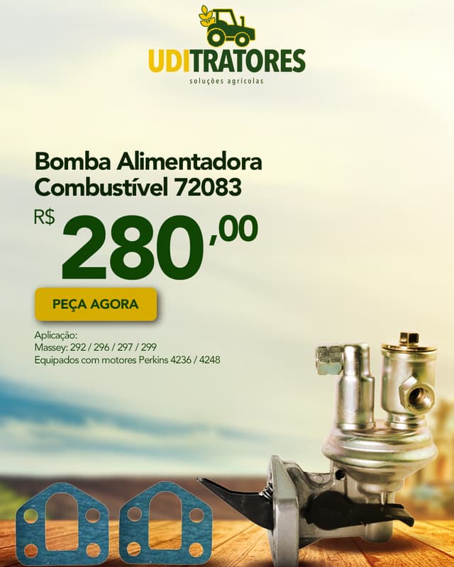 Story de oferta da Uditratores com bomba alimentadora de combustível por 280 reais sobre mesa de madeira