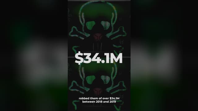 Quadro de vídeo vertical com o valor 34,1 milhões de dólares sobre uma caveira verde