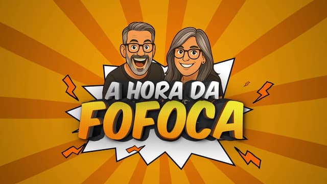 Abertura em estilo de quadrinhos do programa A Hora da Fofoca, com dois apresentadores sorrindo