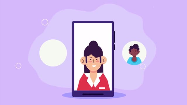 Ilustração de uma atendente dentro da tela de um celular sobre fundo lilás