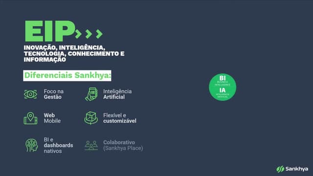 Quadro do vídeo da Sankhya com a sigla EIP e uma lista de diferenciais em fundo azul-escuro
